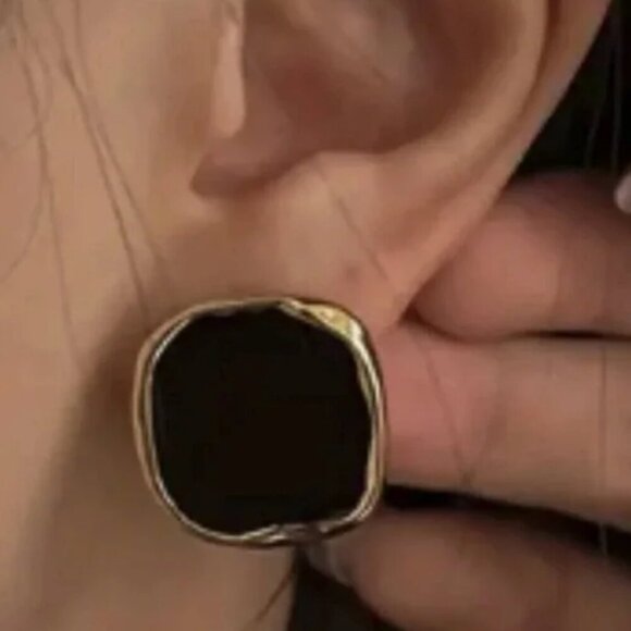 Women's Black Versatile Geometric Square Earrings with Gold Outline - Picture 3 of 8